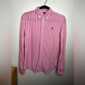 Ralph Lauren Women’s Striped Knit Oxford Shirt. Small. Glory pink/white